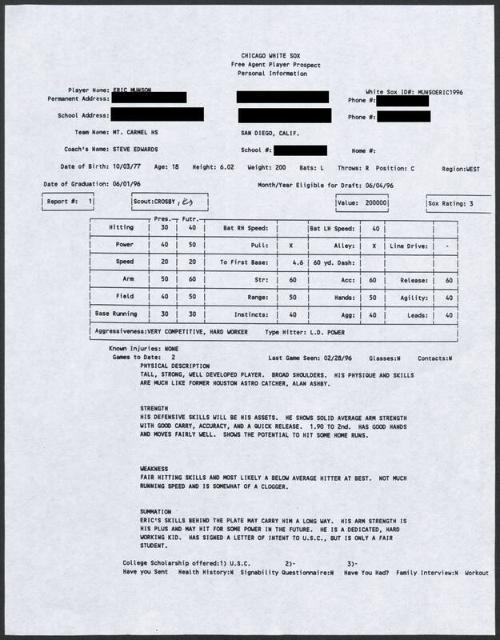 Eric Munson scouting report, 1996 February 28