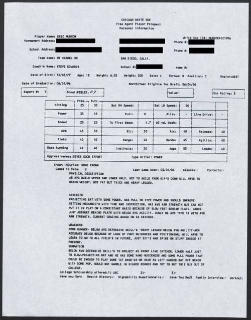 Eric Munson scouting report, 1996 March 20