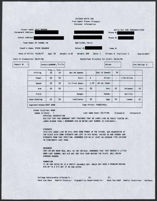 Eric Munson scouting report, 1996 March 17