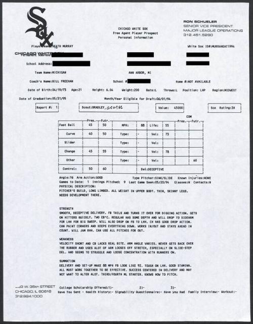 Heath Murray scouting report, 1994 May 20