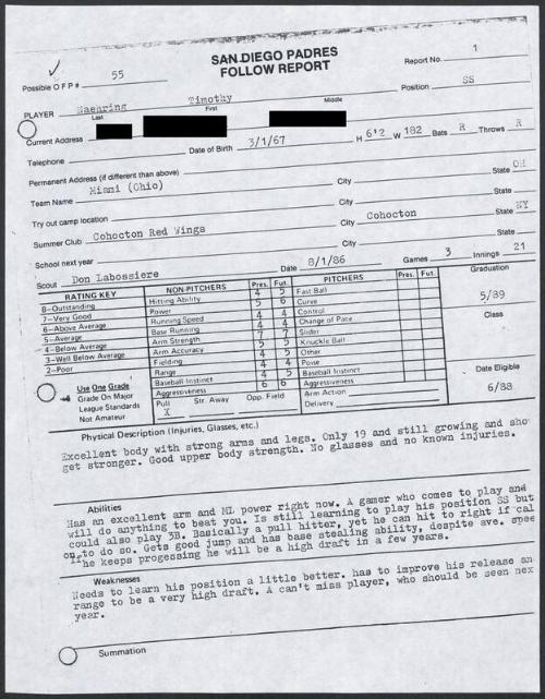 Tim Naehring scouting report, 1986 August 01