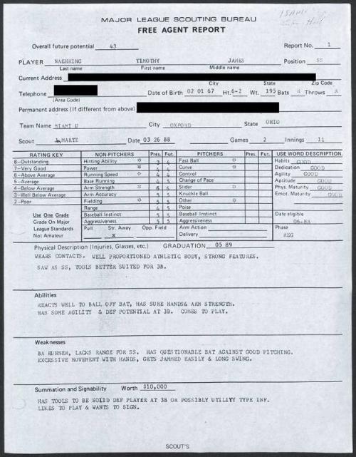 Tim Naehring scouting report, 1988 March 26