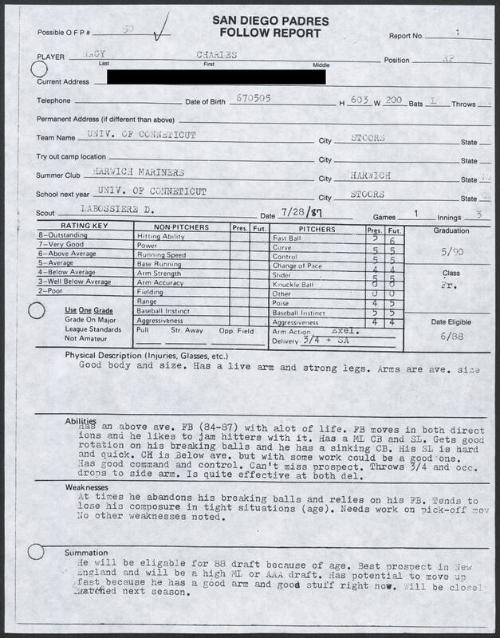 Charles Nagy scouting report, 1987 July 28