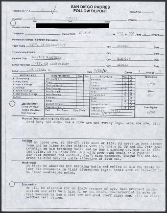Charles Nagy scouting report, 1987 July 28