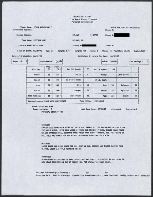 Kevin Nicholson scouting report, 1997 February 14