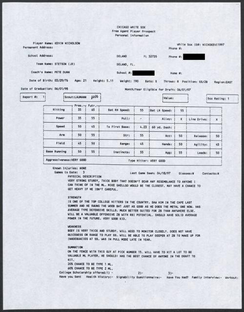 Kevin Nicholson scouting report, 1997 April 18