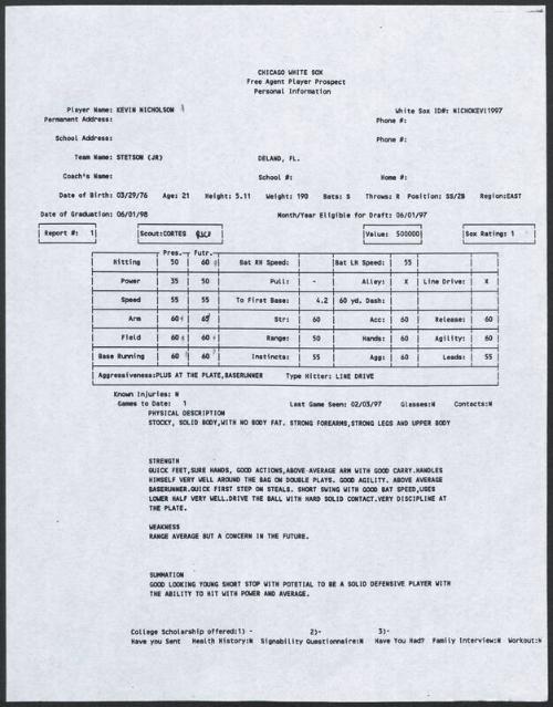 Kevin Nicholson scouting report, 1997 February 03