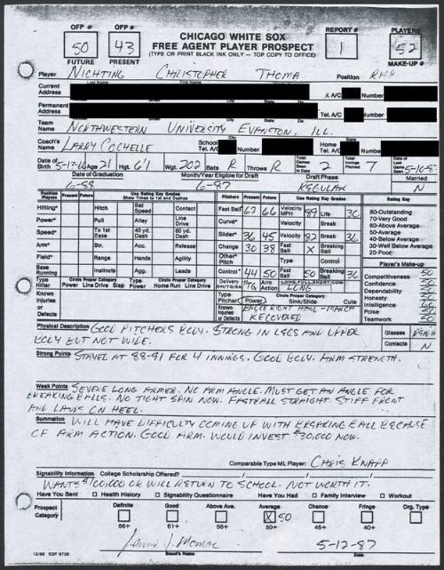 Chris Nichting scouting report, 1987 May 12