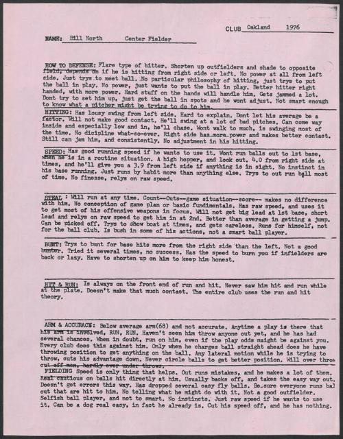 Bill North scouting report, 1976 August-September