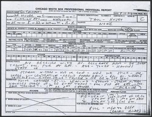 Joe Oliver scouting report, 1990 September 17