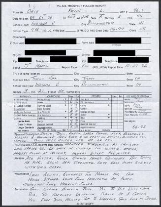 Kevin Orie scouting report, 1992 October 27