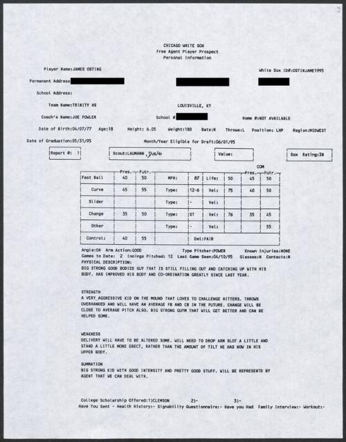 Jimmy Osting scouting report, 1995 April 10