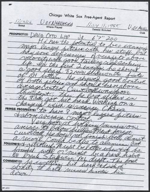 Dave Otto scouting report, 1985 May 11