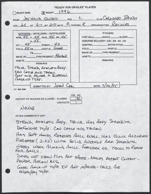 Jayhawk Owens scouting report, 1995 July 26