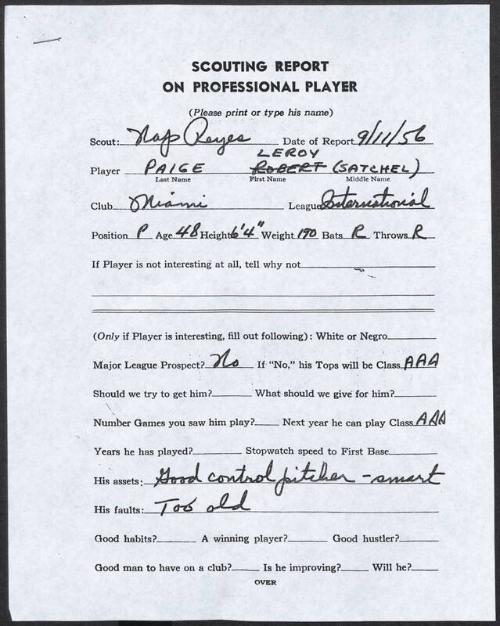 Satchel Paige scouting report, 1956 September 11