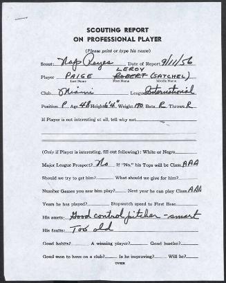Satchel Paige scouting report, 1956 September 11
