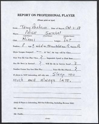 Satchel Paige scouting report, 1958 October 02