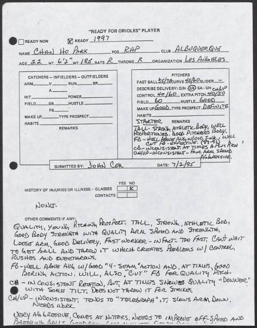 Chan Ho Park scouting report, 1995 July 02