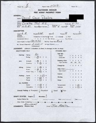 Dave Parker scouting report, 1970 May 15