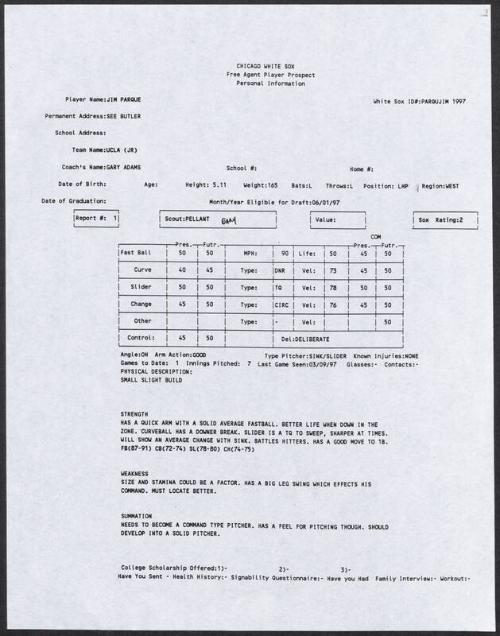 Jim Parque scouting report, 1997 March 09