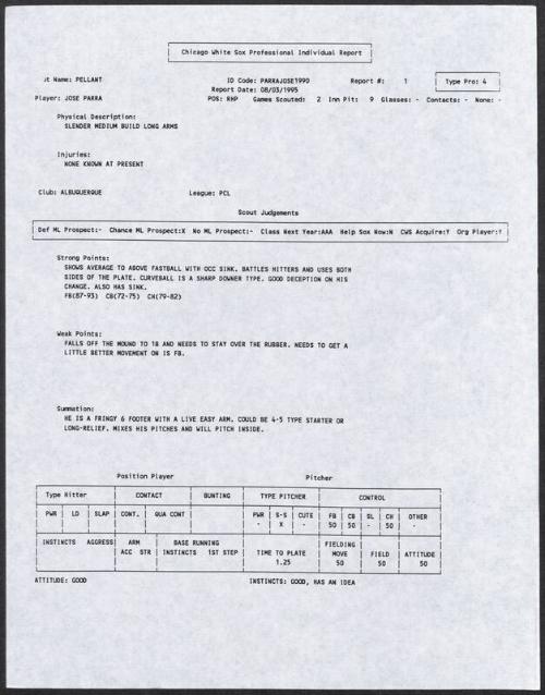 Jose Parra scouting report, 1995 August 03