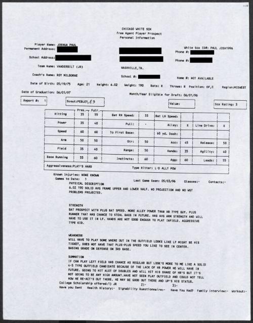 Josh Paul scouting report, 1996 May 03