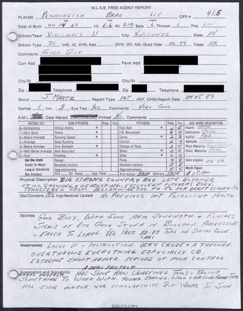 Brad Pennington scouting report, 1989 April 05