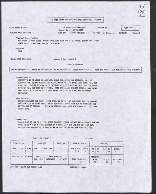 Matt Perisho scouting report, 1995 September 11