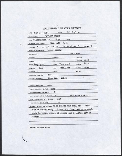 Gaylord Perry scouting report, 1957 May 27