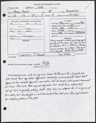 Robert Person scouting report, 1995 June 05