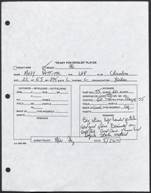 Andy Pettitte scouting report, 1995 May 26
