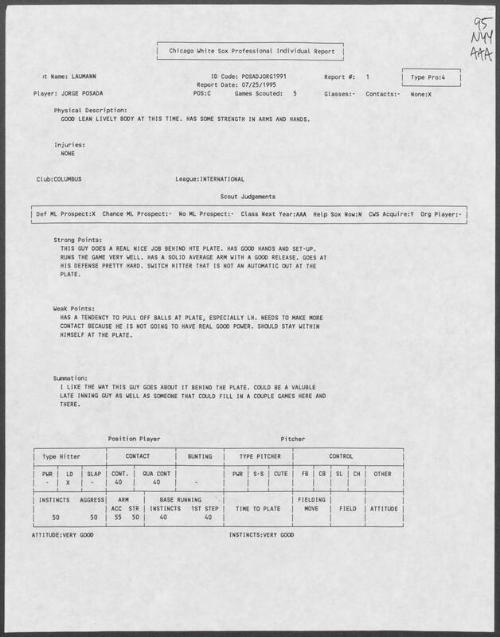 Jorge Posada scouting report, 1995 July 25