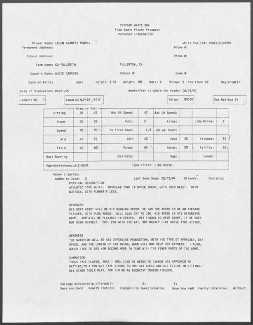 Dante Powell scouting report, 1994 February 12