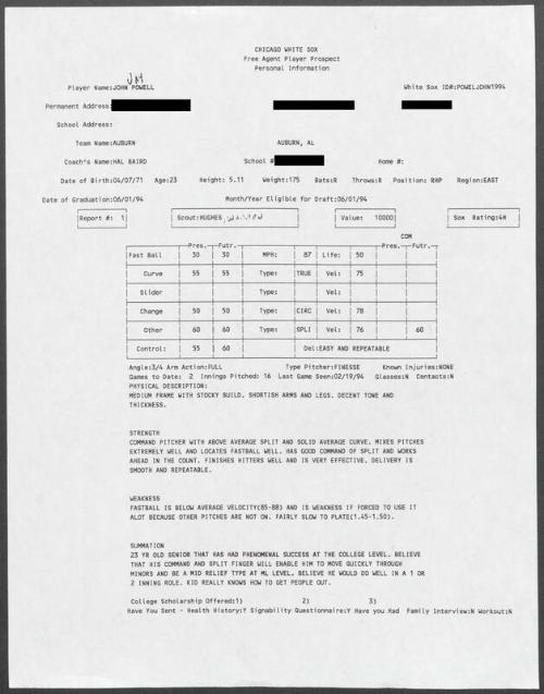 Jay Powell scouting report, 1994 February 19