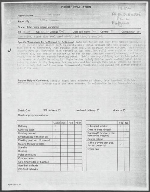 Ted Power scouting report, 1982