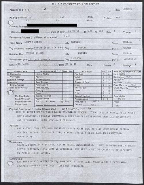 Paul Quantrill scouting report, 1988 July 02