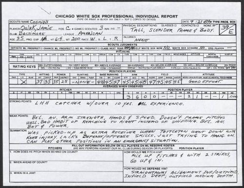 Jamie Quirk scouting report, 1989 September 21