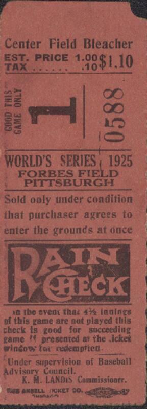 Washington Senators versus Pittsburgh Pirates World Series ticket stub, 1925 October 07