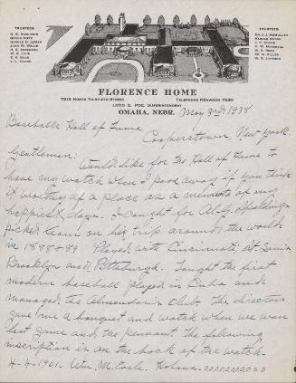 Letter from William M. Earle to Baseball Hall of Fame, 1938 May 03