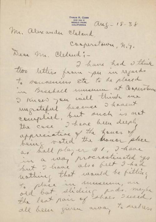 Letter from Ty Cobb to Alexander Cleland, 1938 August 18