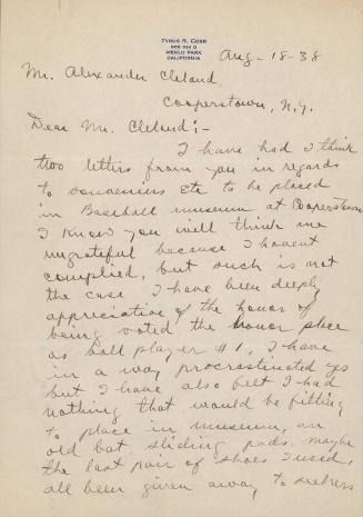 Letter from Ty Cobb to Alexander Cleland, 1938 August 18
