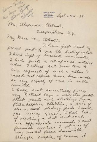 Letter from Ty Cobb to Alexander Cleland, 1938 September 24