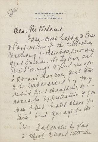 Letter from Geraldine Farrar to Alexander Cleland, 1939 May 02