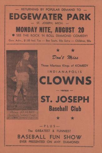 Indianapolis Clowns versus St. Joseph Baseball Club advertisement brochure, 1956