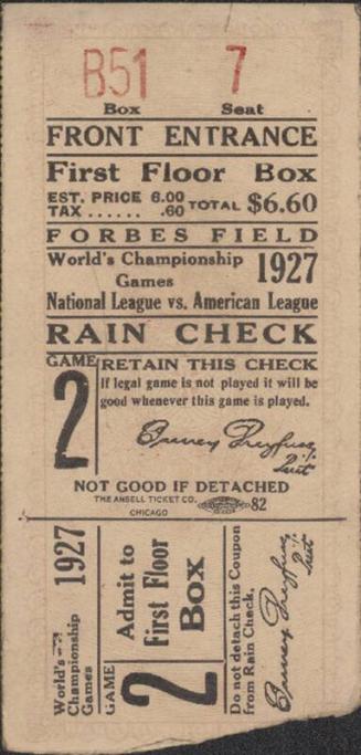 New York Yankees versus Pittsburgh Pirates World Series ticket stub, 1927 October 06
