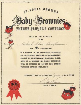 St. Louis Browns Baby Brownies certificate and letter, 1952 June 16