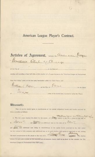 Dickey Kerr American League Player's contract, 1920 