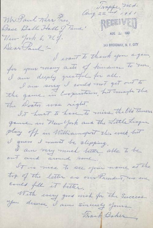 Letter from Frank Baker to Paul Kerr, 1961 August 22