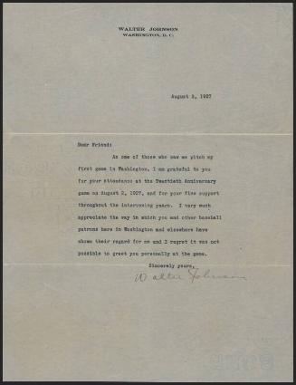 Letter from Walter Johnson to a Friend, 1937 August 03
