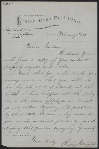 Letter from Harry Wright to Sam Jackson, 1871 February 13